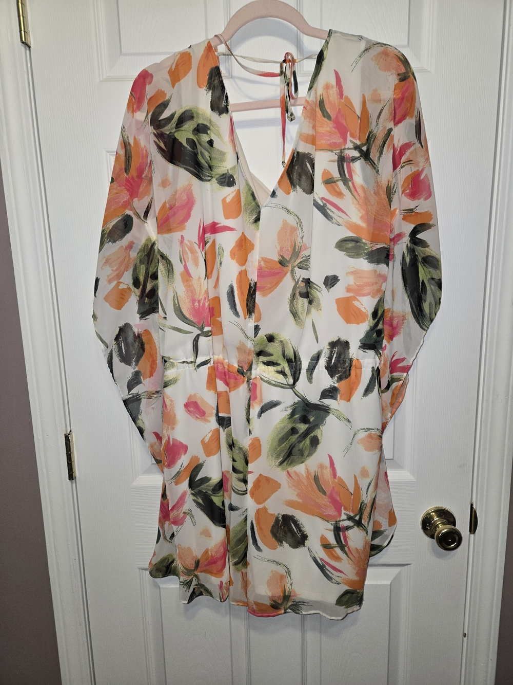 Floral V-Neck Jumpsuit Romper in White with Pink Orange and Green